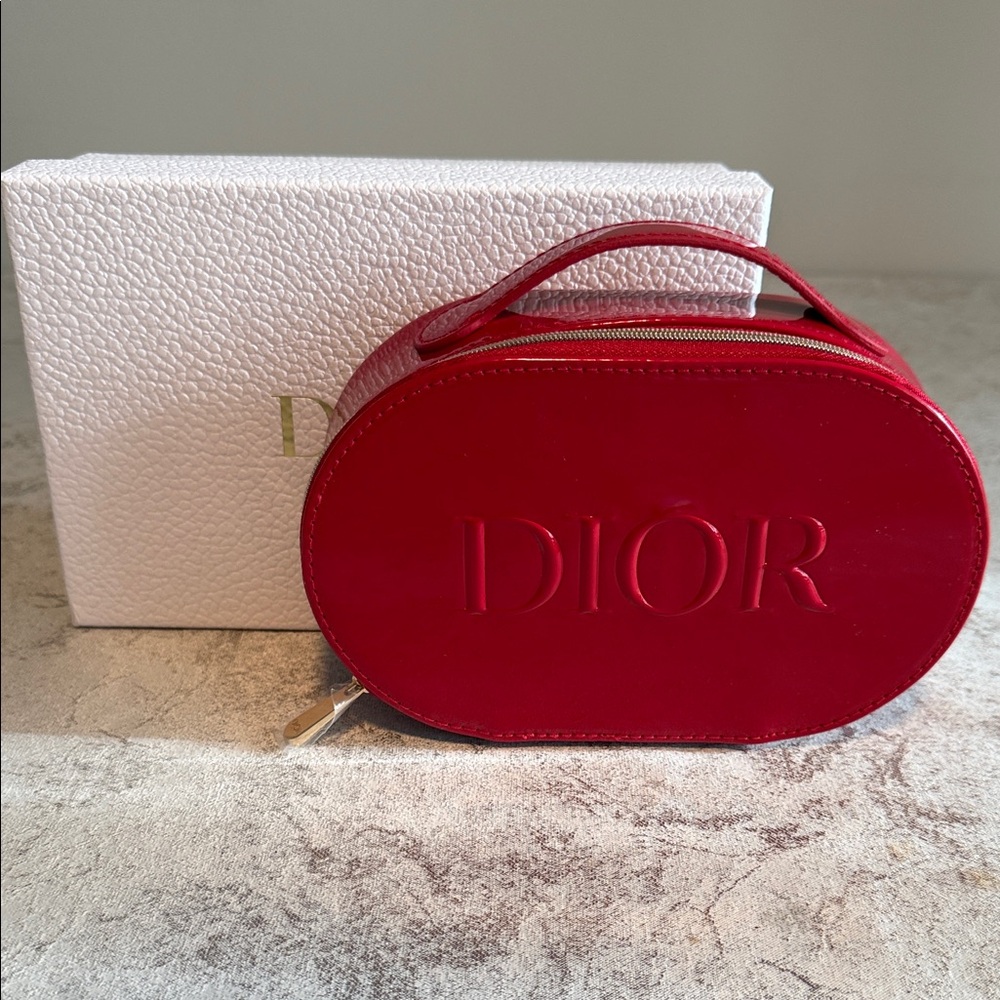 Dior Red Embossed Oval Cosmetic Case with Top Handle